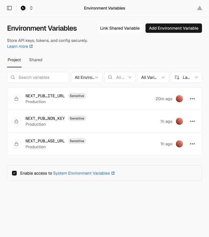 Vercel Environment Variables 页面