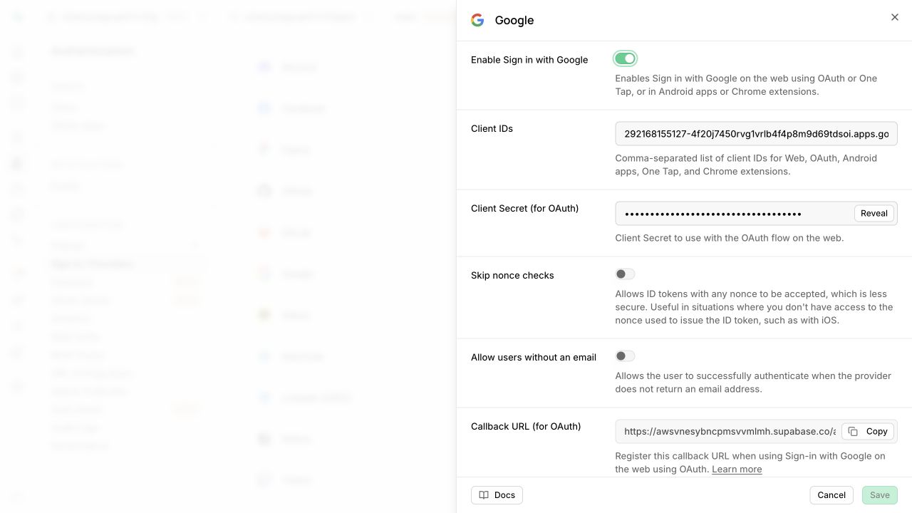 Supabase Google Provider 配置面板